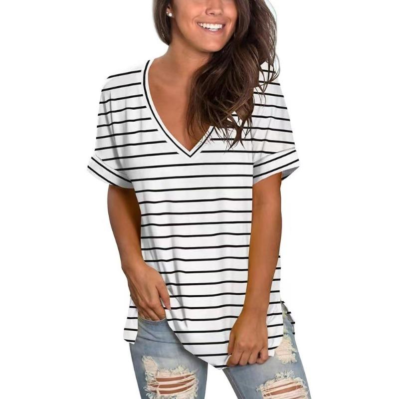 Summer V-neck 3D Stripe Printed Top Fashionable Casual Short Sleeved Women's T-shirts