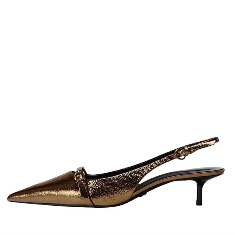 Fashion Elegant Kitten Heel Sandals Women Sexy Pointed Toe Gold Copper Heels Luxury Buckle women Pumps Low Heel Slingback Mules Sandal