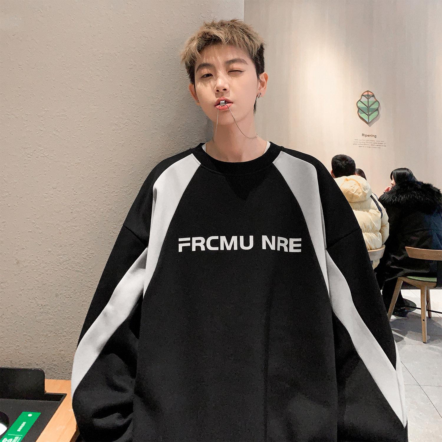 

Мужская толстовка весна и осень новый стиль круглый вырез контрастного цвета парная толстовка мужская универсальная свободная повседневная куртка в гонконгском стиле 3XL