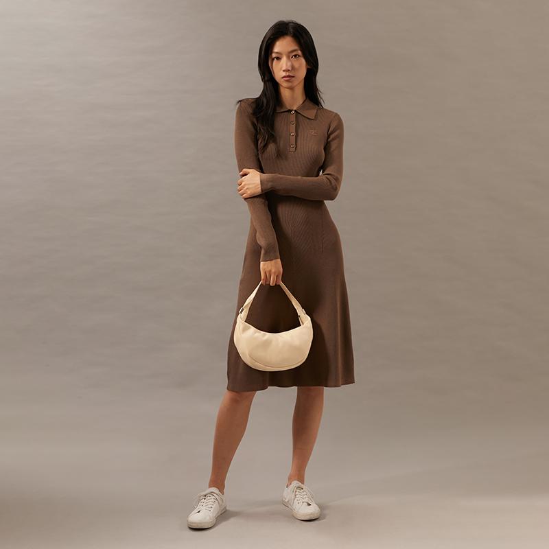 Calvin Klein Minimalist Commuter Pleated Zipper Underarm Bag Crescent Bag Women Shoulder Bag Vanilla-White 4F3010G-QER
