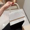 New Satin Dinner Bag Pearl String Handbag Dress Evening Bag Elegant Pleated Flip Bag Celebrity Small Square Bag