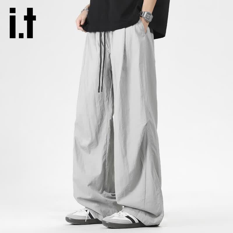 Izzueit Men s Summer Ice Silk Loose Wide-Leg Drawstring Pants L