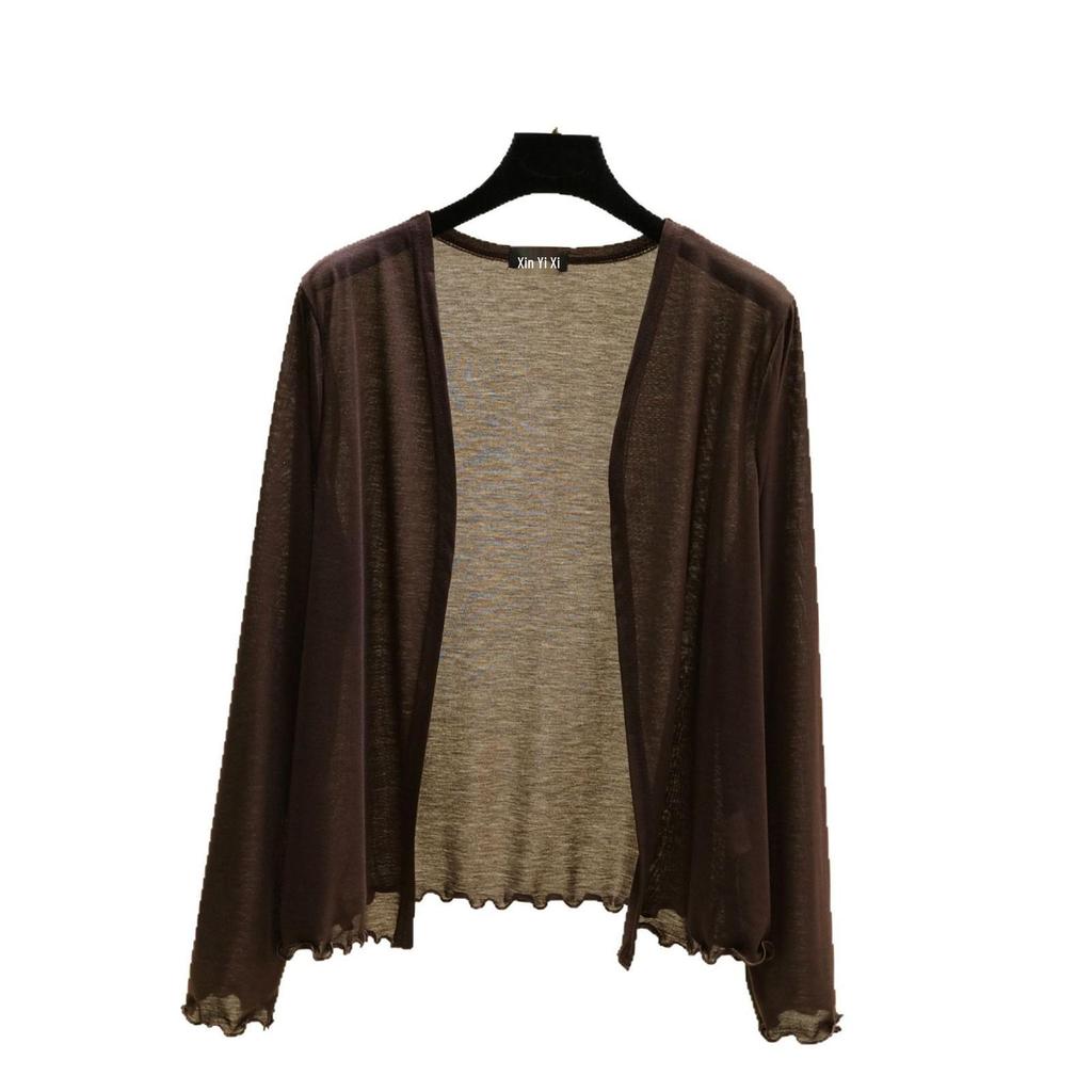 Dámský lehký kardiganový šál s dlouhým rukávem na jaro/léto 2025 - Slim pletená klimatizační bunda