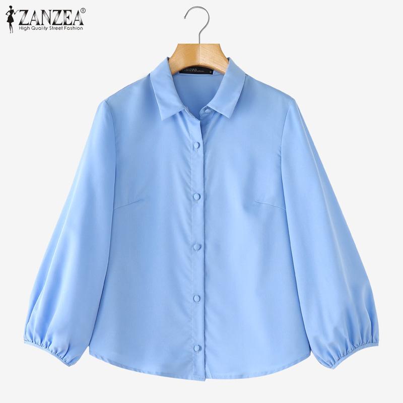 ZANZEA Women Casual Turn Down Collar Solid Color Loose 3/4 Sleeve Blouse