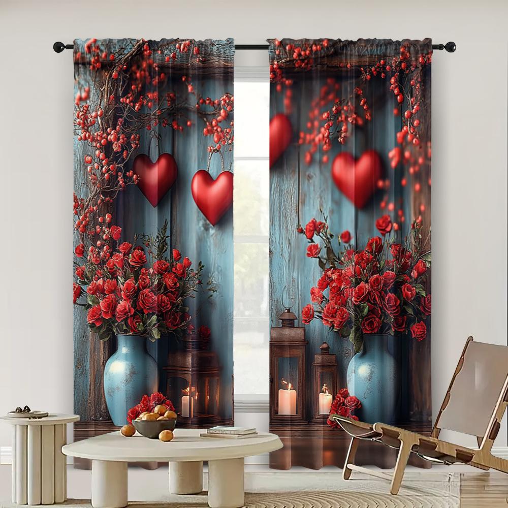 2pc, Romantic Valentine's Day Curtains Red Wood Theme Polyester,Without Electricity Holiday Decorations for aesthetic room