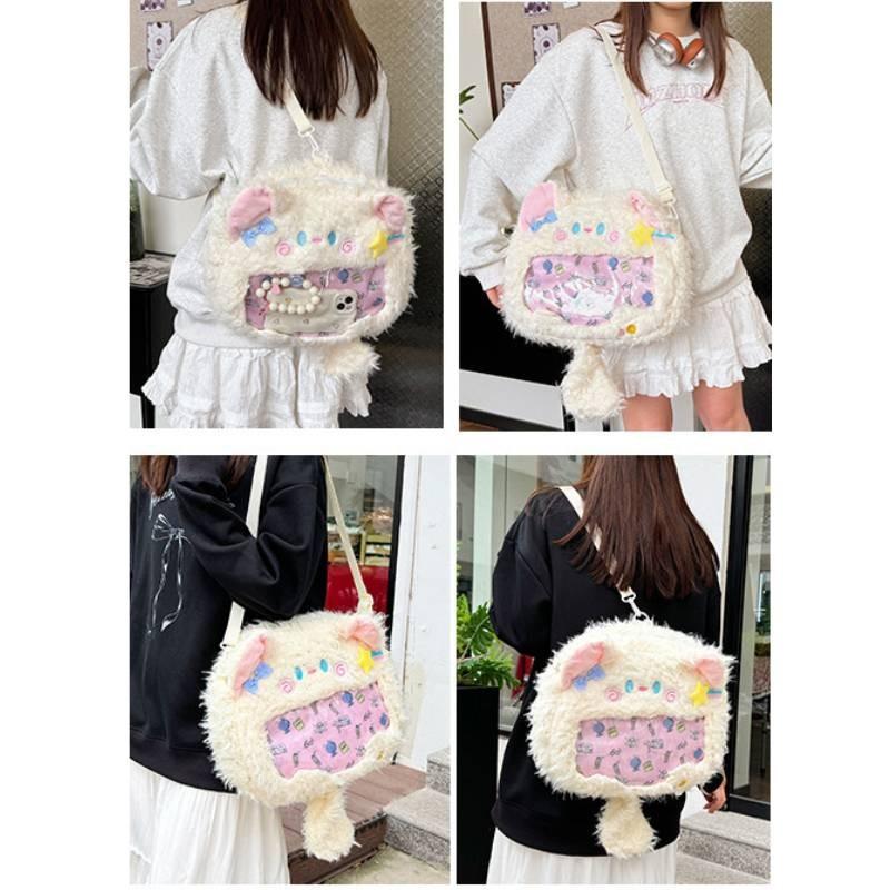 Pattern Cartoon Cute Bow Star Cat Plush Backpack With Transparent Compartment