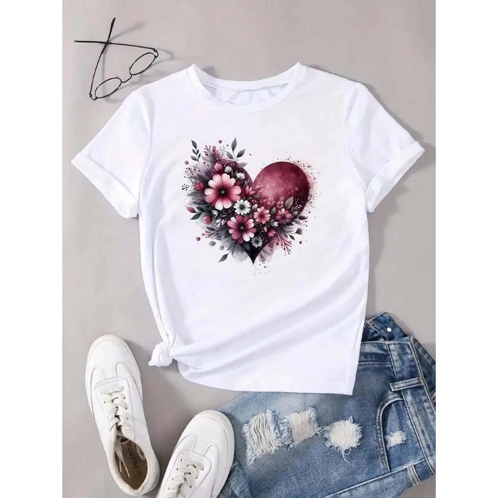 Women's Heart Floral Pattern Printing T-shirt Summer Woman Clothing Round Neck Short Sleeve T-shirt Tops