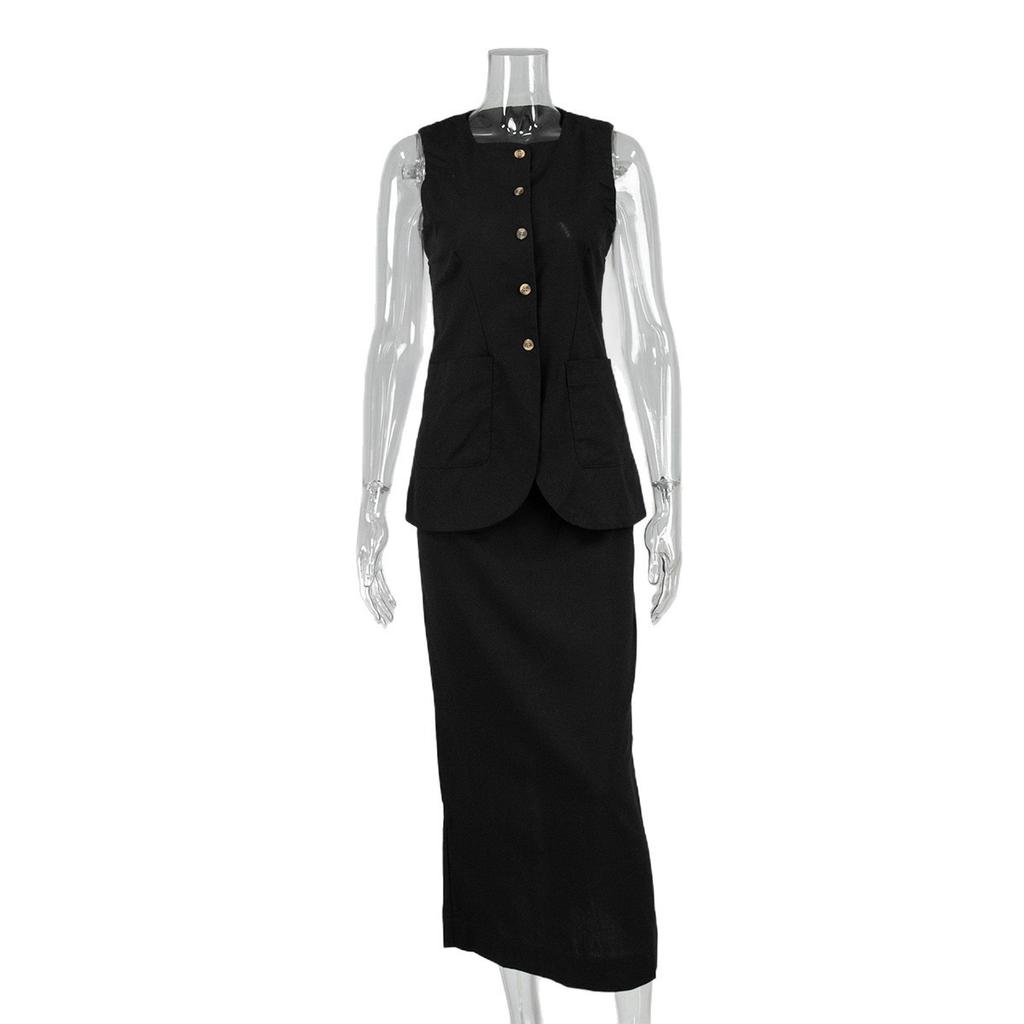 Frühling Sommer Neues Damen Leinen Freizeit Set Einfache Ärmellose Weste + High Waist Rock Zweiteiliges Outfit Europäischer Amerikanischer Stil