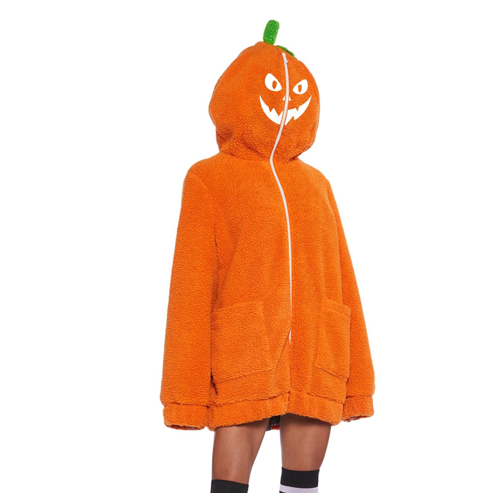 Women s Casual Halloween Pumpkin Print Flannel Long Sleeve Hooded Zip-Up Jacket XL