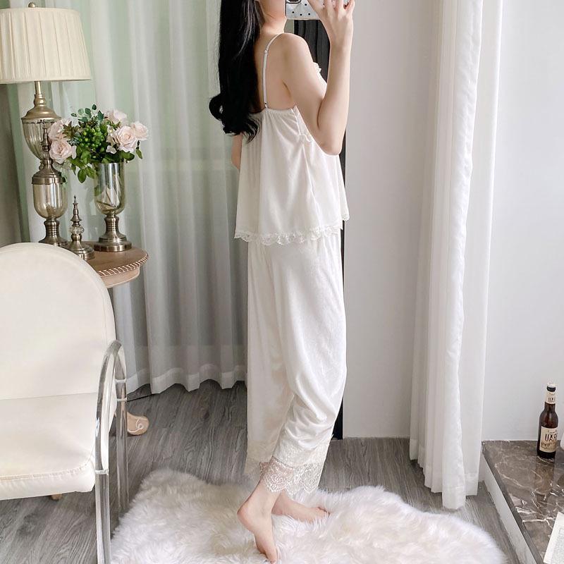 Golden Velvet Lace Nightwear Set: Sexy Camisole, Long Pants, and Robe with Breast Pads for Autumn/Winter Comfort.