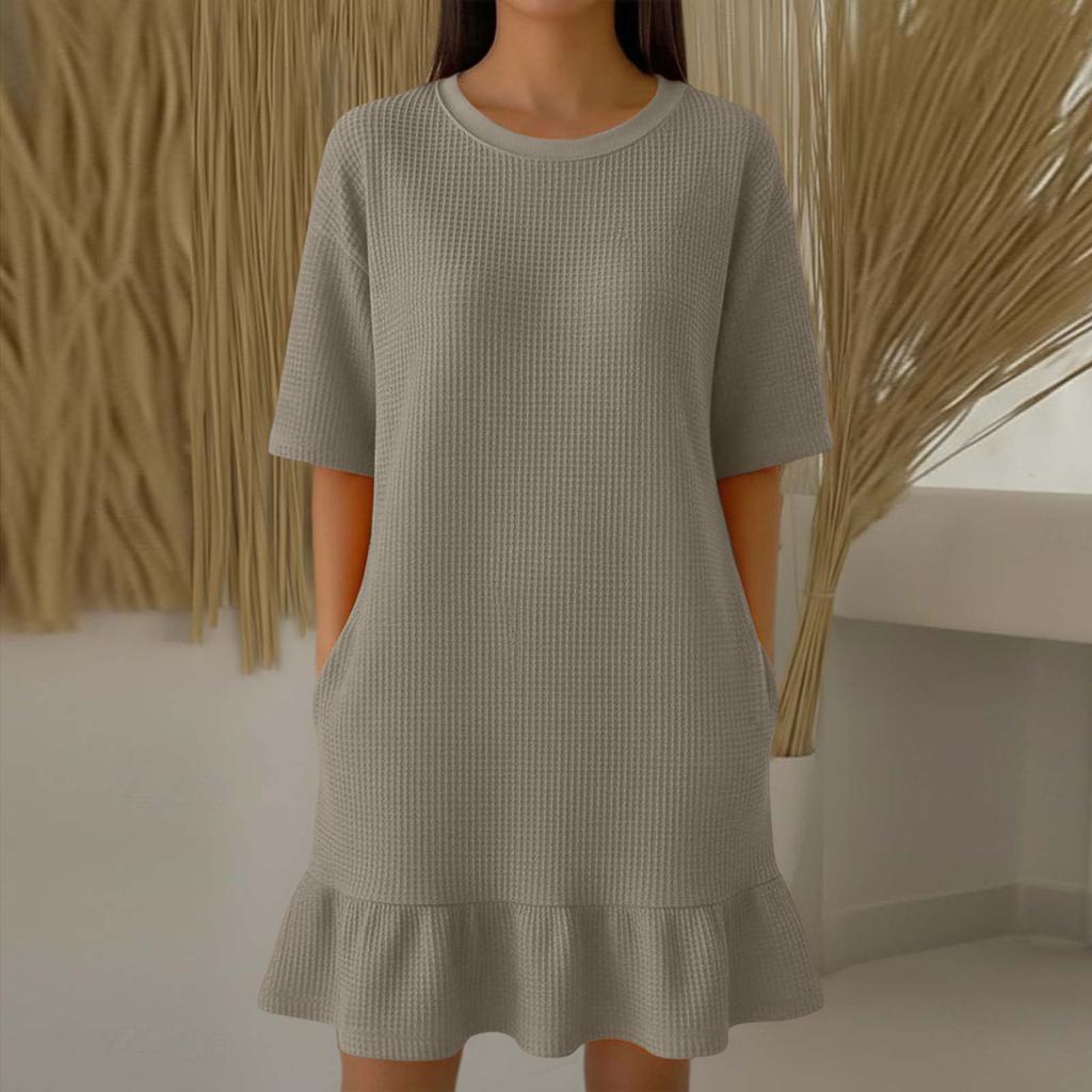 Women Casual Summer Dress Short Sleeve Crew Neck Mini Dress Ruffle Hem Dress Flowy Beach Sundress