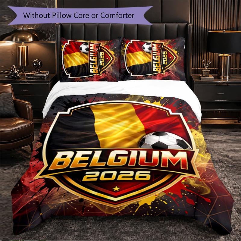 Belgium Football Pattern 3 Pieces Bedding Set Soft Microfiber Duvet Cover with Pillow Cases for Bedroom