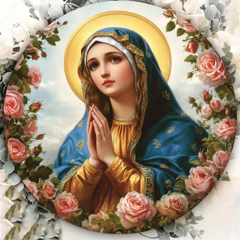 

Vintage Metal Tin Sign Virgin Mary Gold Foil Religious Wall Art Home Decor Gift 20x20