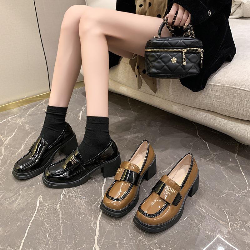 Spring and Autumn Square Head Black Small Leather Shoes One Pedal High Heels New Versatile Shiny Leather Women's Single Shoes