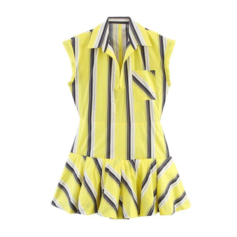 

Kaslead New Women clothes Western Style Fashion Simple Stripe Puffy Lapel Sleeveless Hanging Shoulder Dress Yellow L