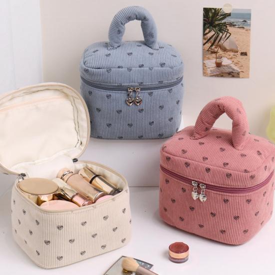 Corduroy Makeup Bag with Heart Pattern Portable Travel Cosmetic Bag Zipper Makeup Pouch Toiletry Organizer Purse for Women Girls
