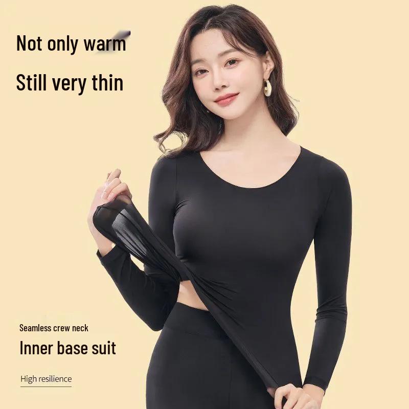 Women's Hyaluronic Acid Skin-Enhancing Thermal Underwear Set: Long Sleeve Top & Long Pants, Round Neck, High Elasticity, Warm Autumn Wear.