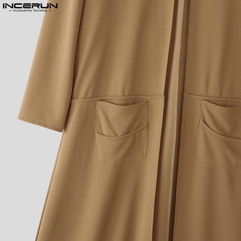 INCERUN Pánský podzimní kardigan s dlouhým rukávem, otevřený vpředu, dlouhý, maxi větrovka s kapsami