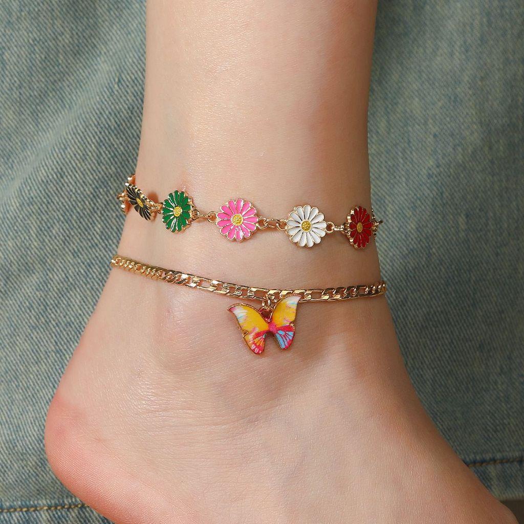Fashion Ladies Modern Anklet Set With Colorful Daisy Motif For Casual Wear