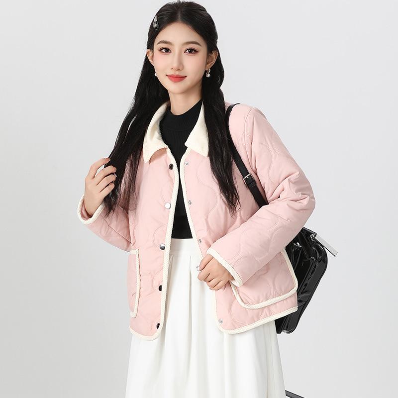 

бархатная куртка с хлопковой подкладкой для женской зимы, новая студенческая куртка с чувством дизайна, со вставками контрастного цвета, с большим карманом, колледж, куртка с хлопковой подкладкой 2XL-130-75kg розовый