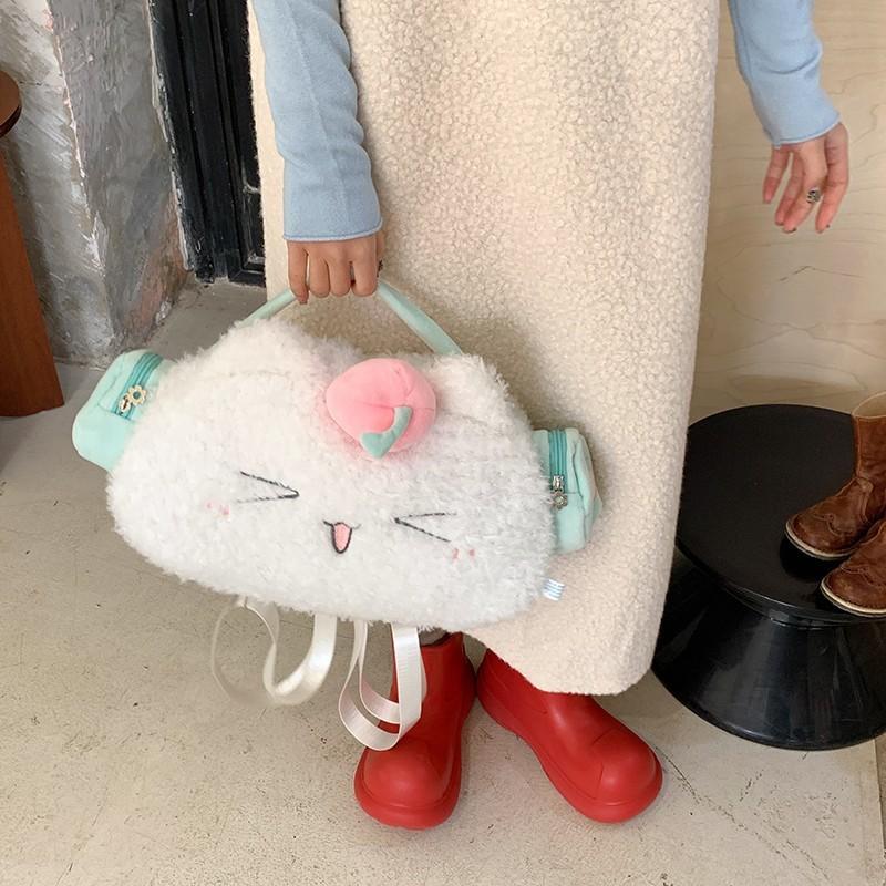 Cat Headphones Cute Plush Backpack With Peach Decoration For Casual Daily Use