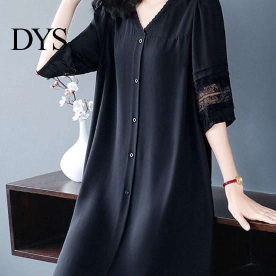 Solid Color Dress Summer Women Plus Size V Neck Loose Half Sleeves Commute Midi Hollow Out Lace Single-breasted Knee Length A-line Long