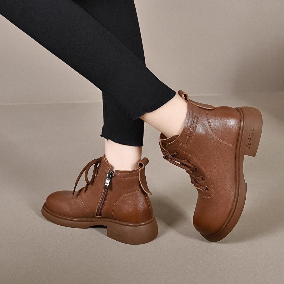 

Кожаные ботинки женские осенне-зимние с круглым носком на шнуровке ботинки Мартин из первого слоя коровьей кожи на плоской подошве короткие ботинки с боковой молнией повседневные женские ботинки 40