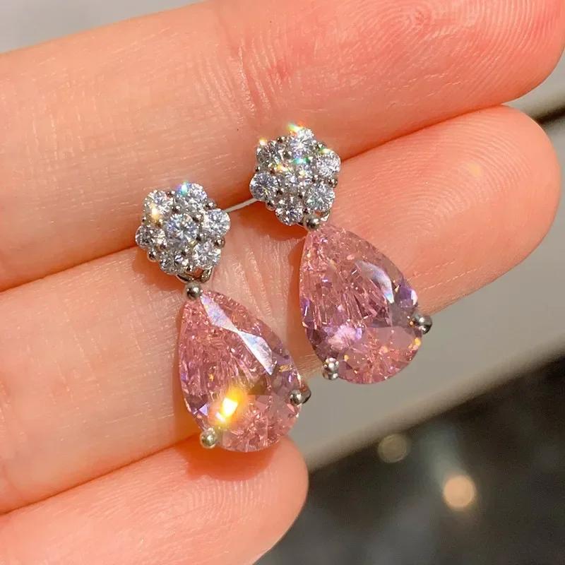 Elegant Light Luxury Pink Zircon Earrings for Women High-End Temperament Trendy Zircon Accessory