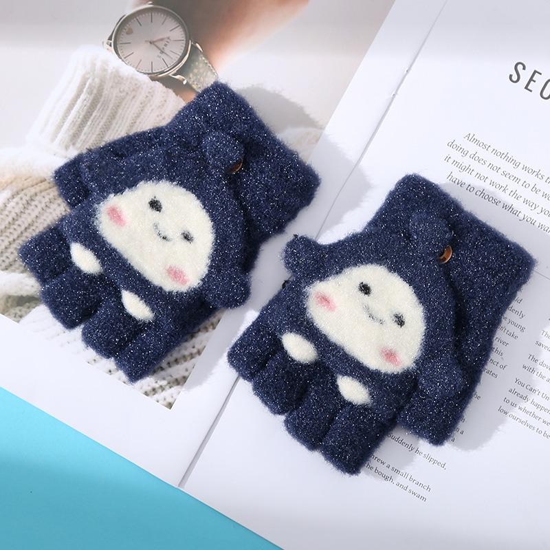 Autumn and Winter New Cute Girl Dumpling Flip Gloves Fresh and Sweet Versatile Thickened Plush Half-finger Gloves