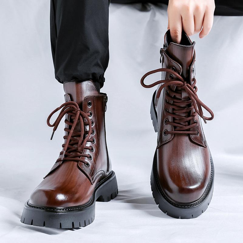 Fashion Mens Genuine Leather Footwear Metal Zipper Male Motorcycle Boots Lace-Up Casual Ankle Boots Outdoor Warm Plush Fur Winter Shoes