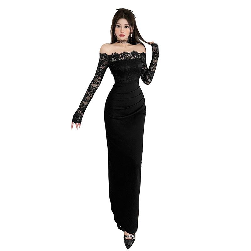 European and American women's clothing 2026 autumn new temperament one-word collar off-the-shoulder long-sleeved lace waist splicing dress