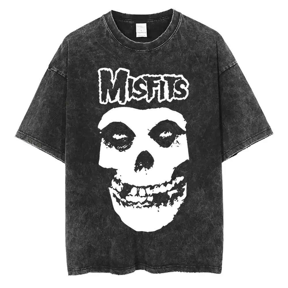2026 Washed Vintage Hardcore Punk Band Misfits Tshirt Horror Skeleton Graphic T-shirt Men Women's Fashion Casual Oversized T Shirts