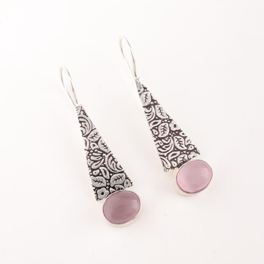 Natural Purple Cat's Eye Gemstone 925 Fine Silver Jewelry Handmade Earrings 1.9" EE-165-41