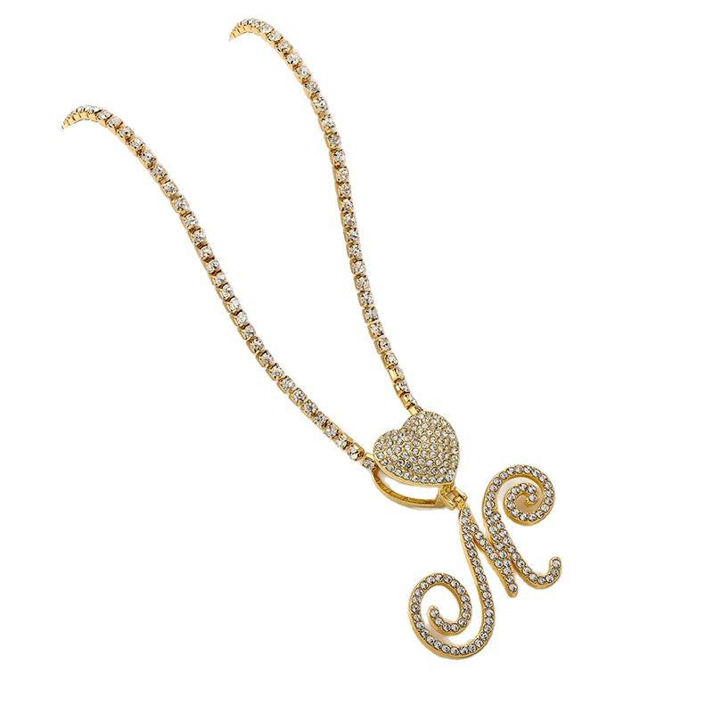 26 Flower Letter Necklace: Hip Hop Heart Pendant with Full Diamond Inlaid Tennis Chain for Women