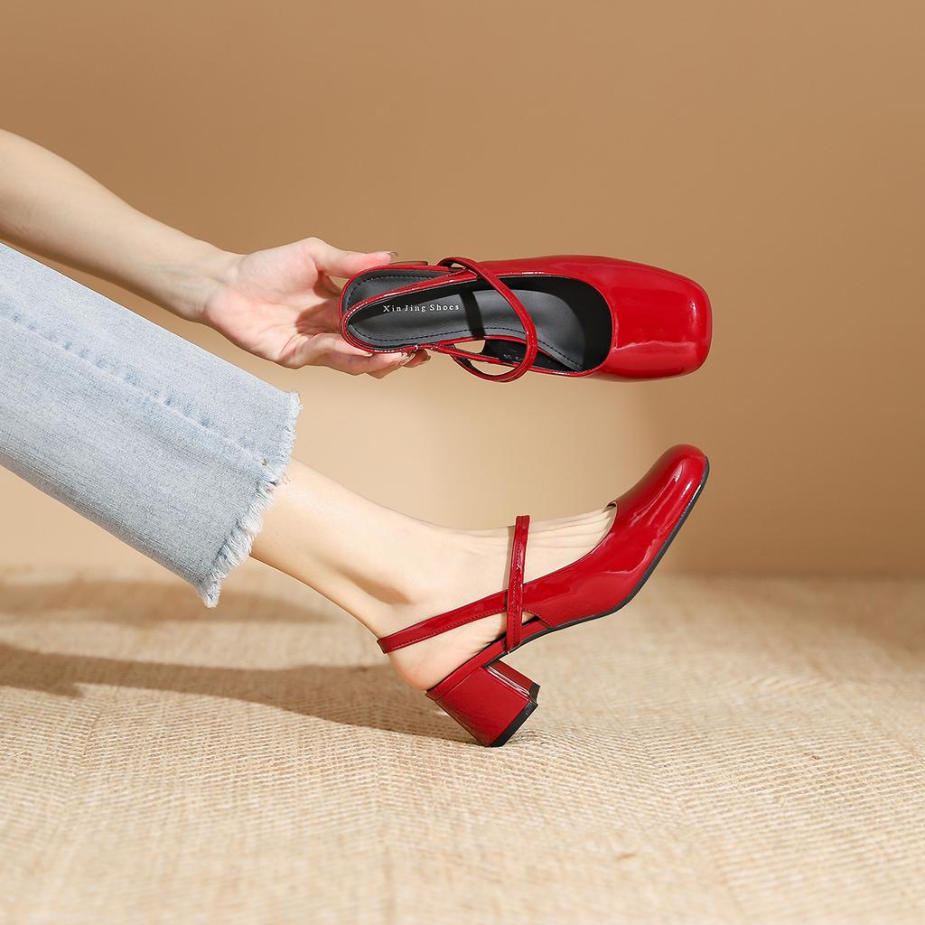 813-3 square head patent leather strap thick heel single shoes women's new French light mouth glossy medium heel single shoes women's shoes