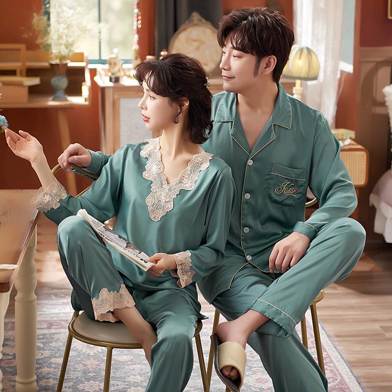 Wedding couple pajamas spring and autumn red women's ice silk men's long-sleeved silk natal year wedding loungewear suit