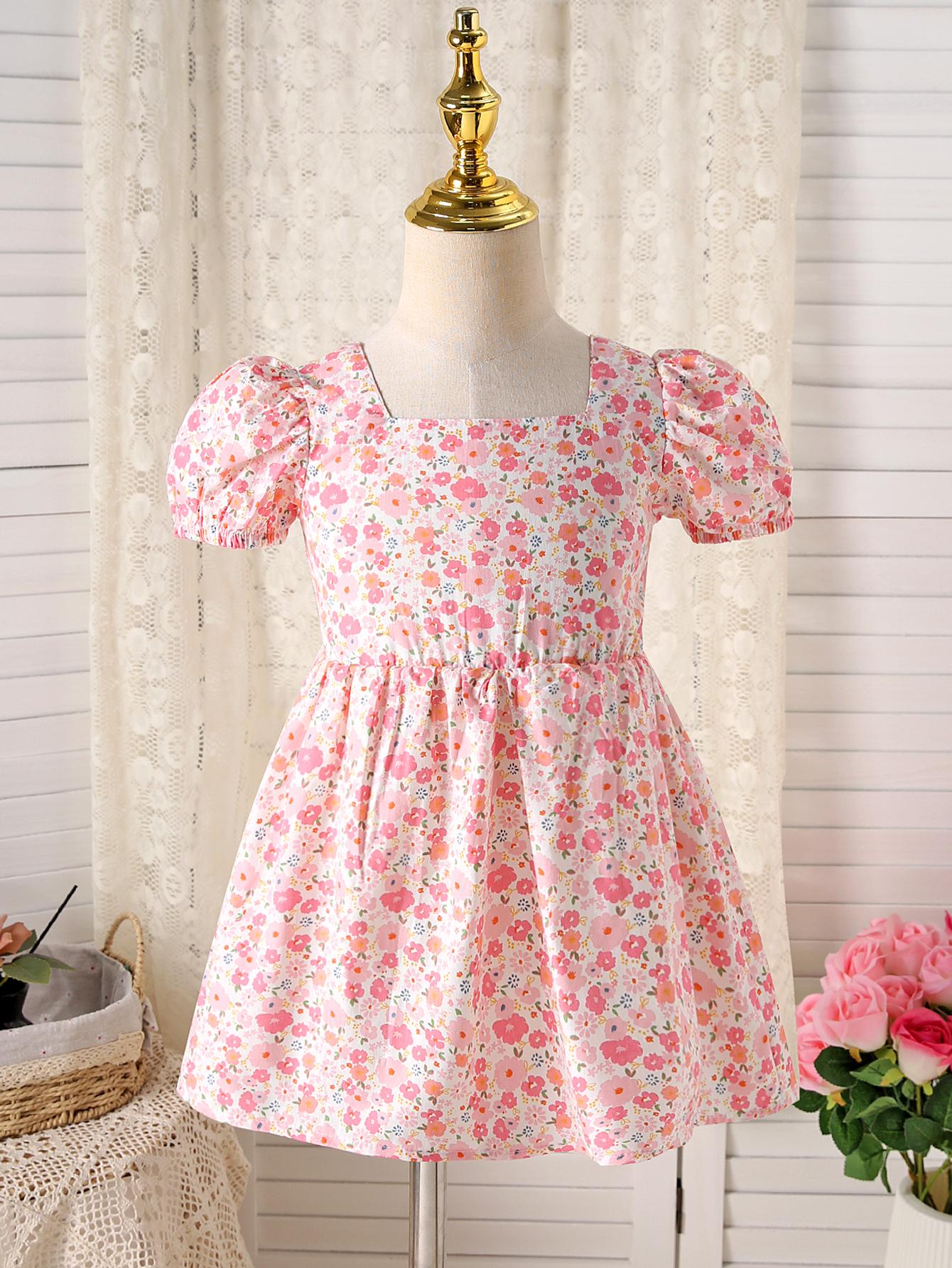 Summer 2026 Stylish Floral Princess Dress - Short Sleeve for Little Girls 110 cm