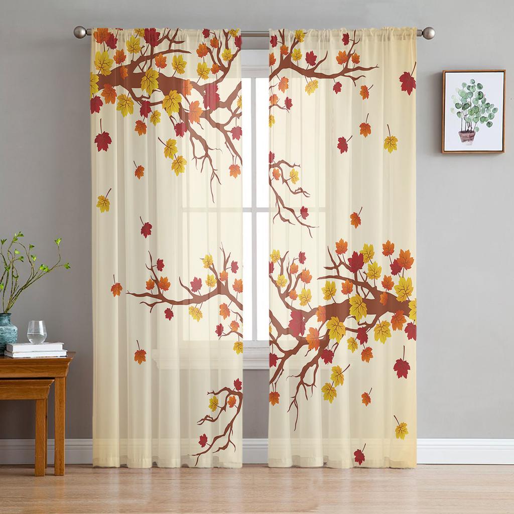 Youth Bedroom Sheer Curtains Maple Leaf Falling Yellow Kitchen Study Hanging Curtains Living Room Holiday Decor Tulle Curtains