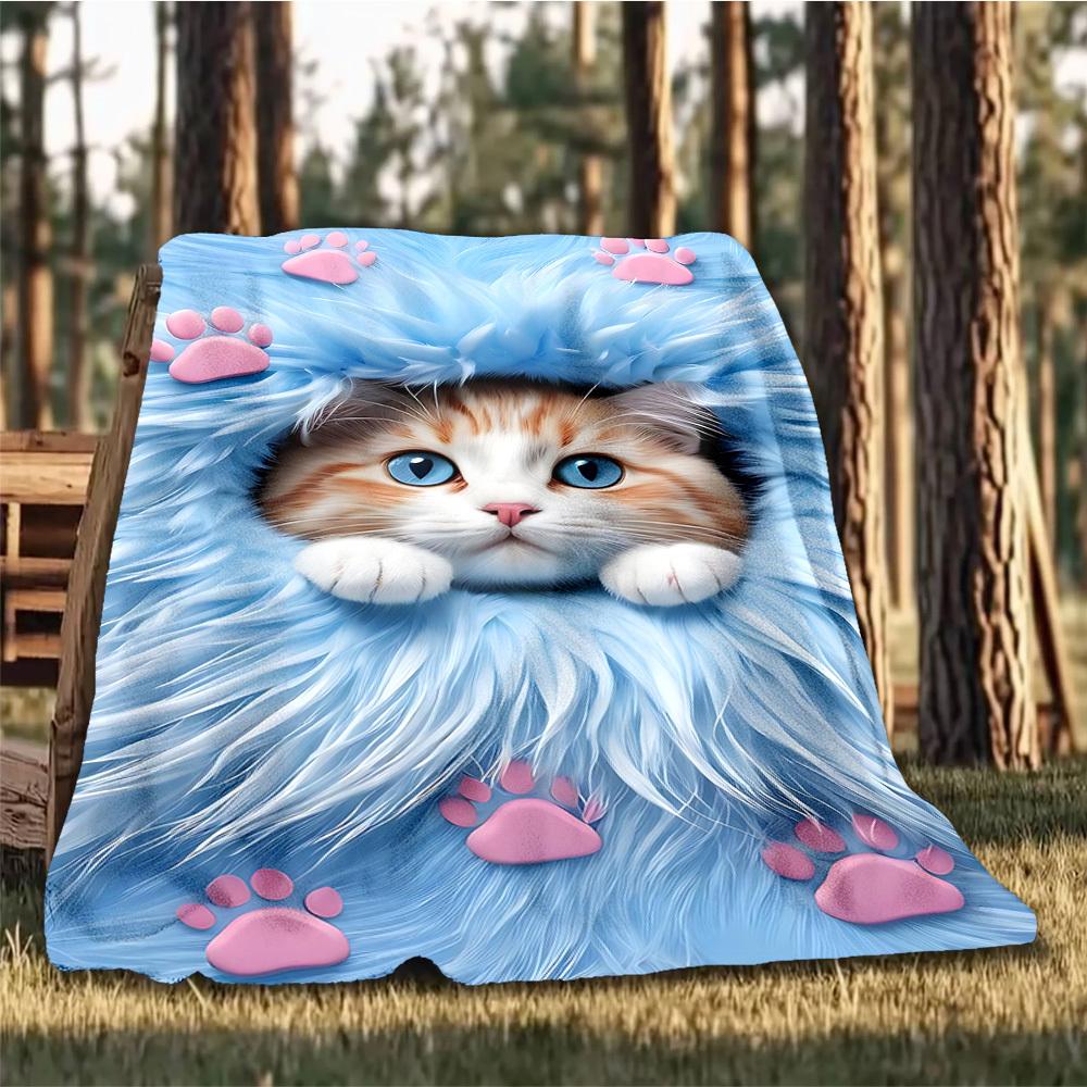 1pc Cat Paws Blue Fur Outdoor Flannel Blanket , Machine Washable Perfect Gift for Birthday , Holiday Travel Accessory , Durable Material