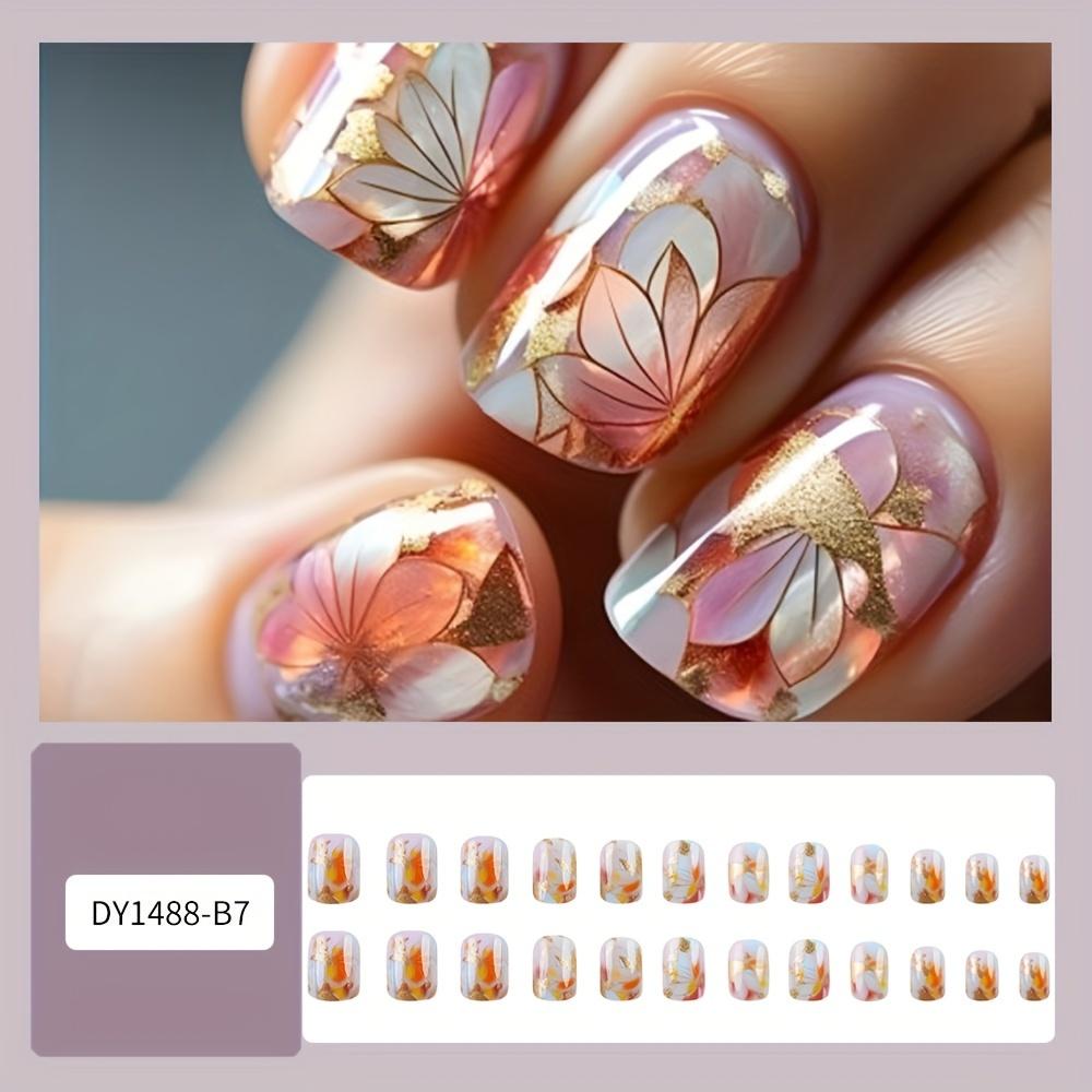 24 Pcs Reusable Pink Floral Glossy Square Short Press-On Nails with Golden Glitter Highlights for Women - False Nail Set
