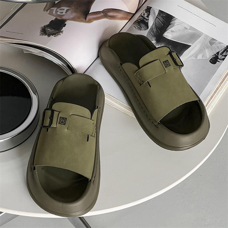 Slippers men's new outer wear casual sports thick-soled wear-resistant wading one-word beach shoes 371217 olive green-J