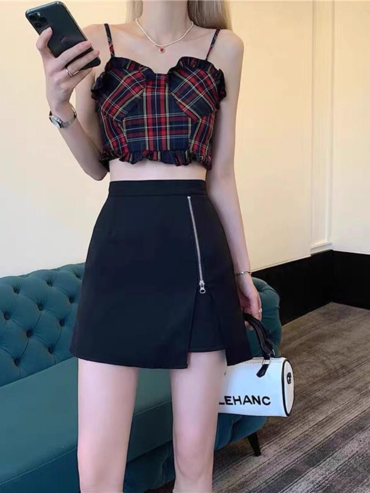 

Women s Black High-Waist A-Line Midi Skirt - 2024 Summer Zipper Design, Slimming Casual Mini Skirt. L чёрный
