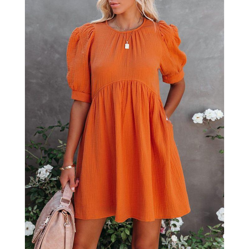 Fashion Summer New Fresh Sweet White round Neck Back Single-Breasted Puff Short Sleeve Dress Female Dress