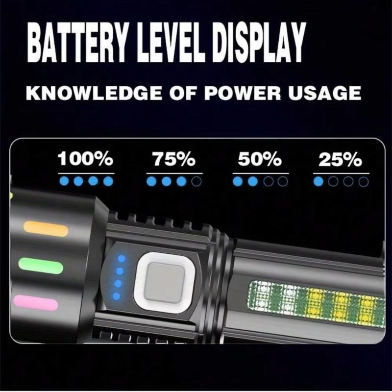 High Power LED Handheld Flashlight with Power Display, Strong Light & Side Light, Bright Torch for Camping, Hiking and Outdoor Emergency Use