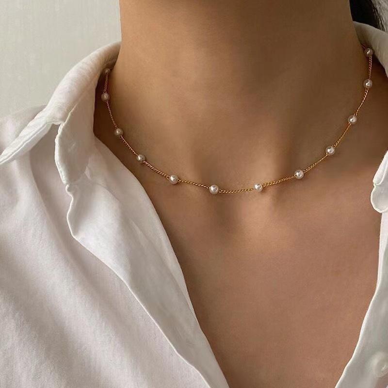 3pcs Women's Pearl Necklace Set Gold Fashion Love Heart Pendant Waterproof Hypoallergenic Collarbone Neck Chain Jewelry CLE