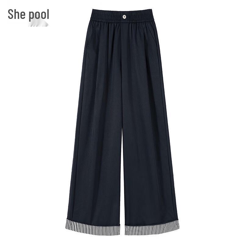 Women s Elastic Waist Spliced Wide-Leg Pants L