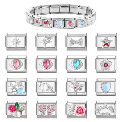 Shell Starfish Star Rose Flowers Heart Crown Zircon Italian Charm Links Fit 9mm Stainless Steel Bracelet Women DIY Making Gifts