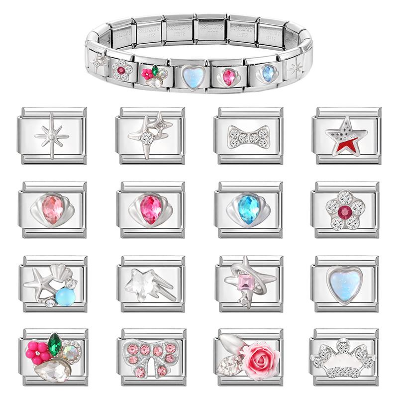 Shell Starfish Star Rose Flowers Heart Crown Zircon Italian Charm Links Fit 9mm Stainless Steel Bracelet Women DIY Making Gifts