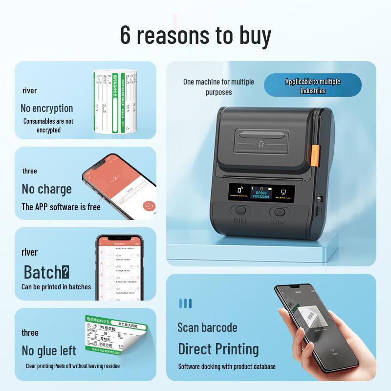 Detong DP30S Portable Thermal Label Printer with 22 Rolls Medical Labels CN plug (adapter included)