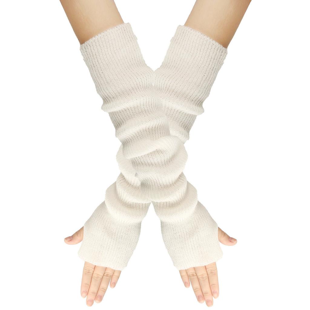 Women's Winter Warm Wool Gloves, Fingerless Long Sleeves, Solid Color, Extended Gloves